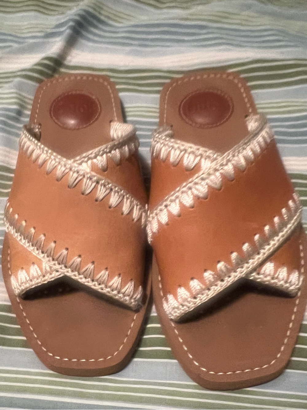 Women's Tan Leather Slide Sandals with Contrast Stitching